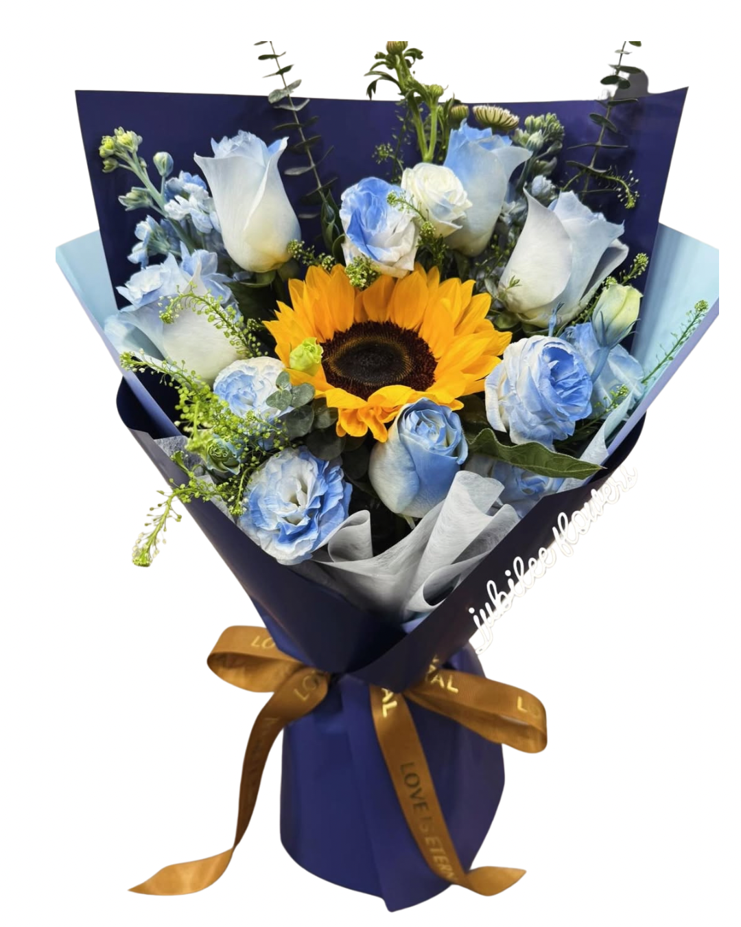 向日葵 藍白漸變玫瑰 
