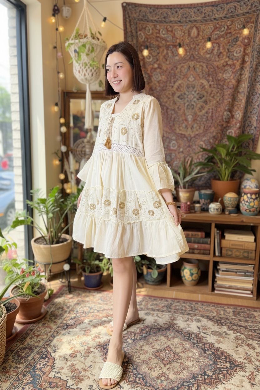 Beige Floral 3-Layer Short Version OP 35" #1088