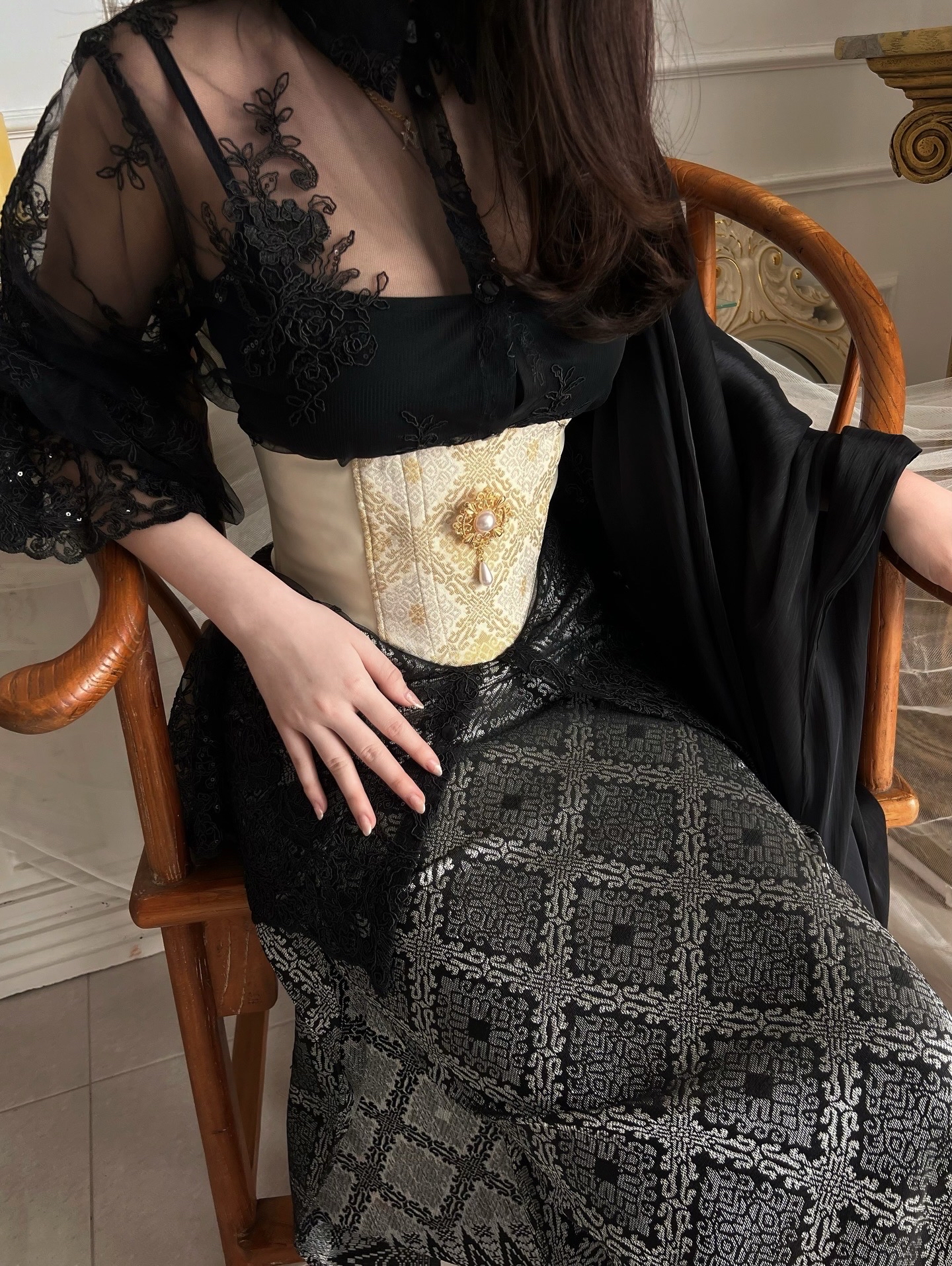 Songket Underbust Corset in Crème and Pareo Skirt in Black with Angel Blouse in Black