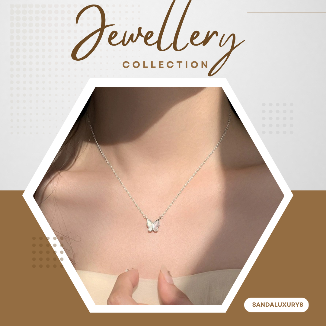 Silver Butterfly Necklace with White Shell Pendant  - Minimalist Delicate Jewelry  - Gift for Women & Girls - SandalLuxury8