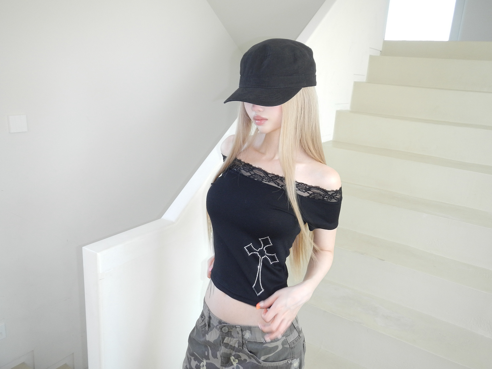 Rhinestone Cross Lace Trim Crop Top