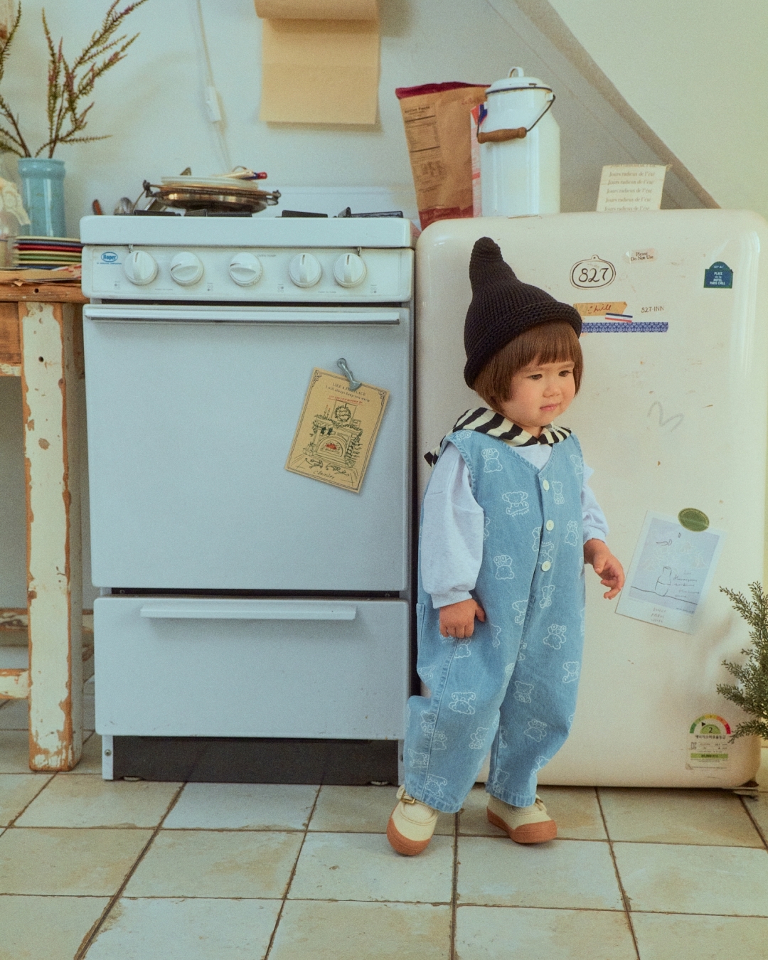 🌸預訂 韓國直送🌸🇰🇷OOTTBEBE兩色小熊滿印斜紋布牛仔背心連身褲