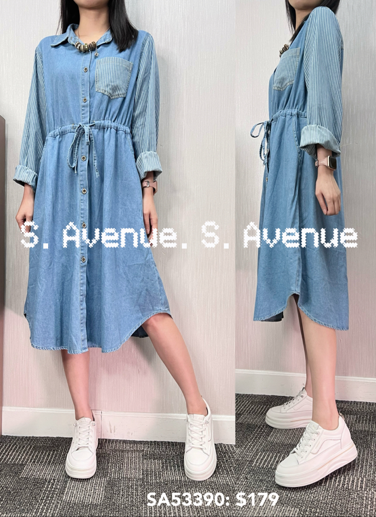 SA53390: 長袖拼直條束腰牛仔op