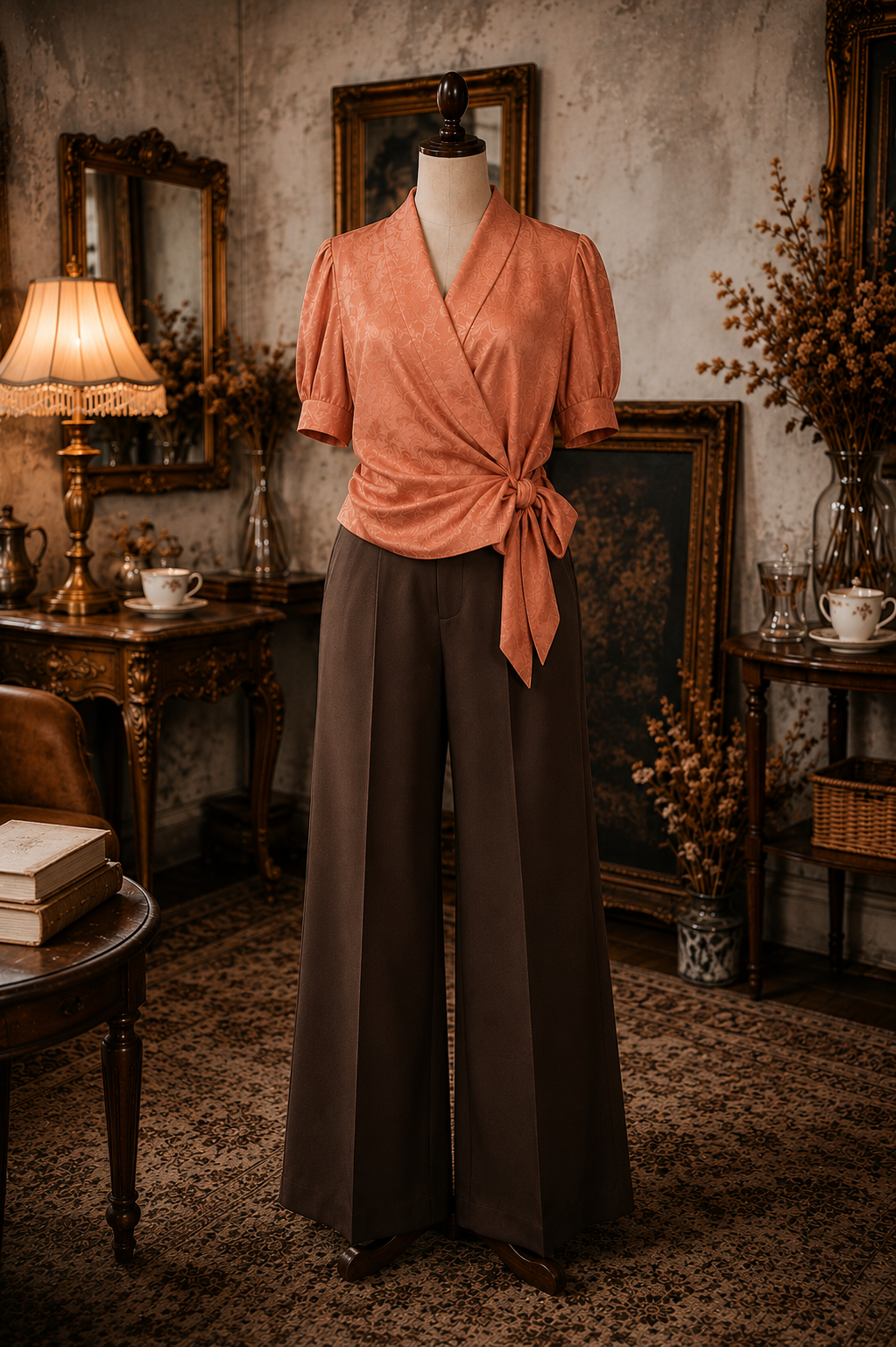 Vintage Peach Rose Pattern Elegant Wrap Blouse/Wrap Top (MT1606)