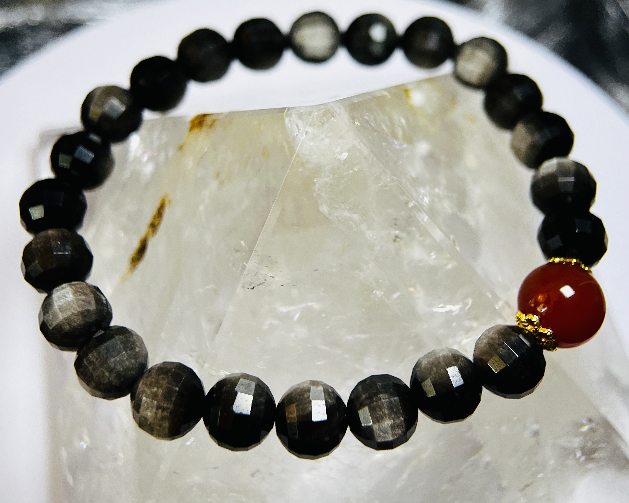 29B161手鏈｜鑽切銀曜石+紅瑪瑙