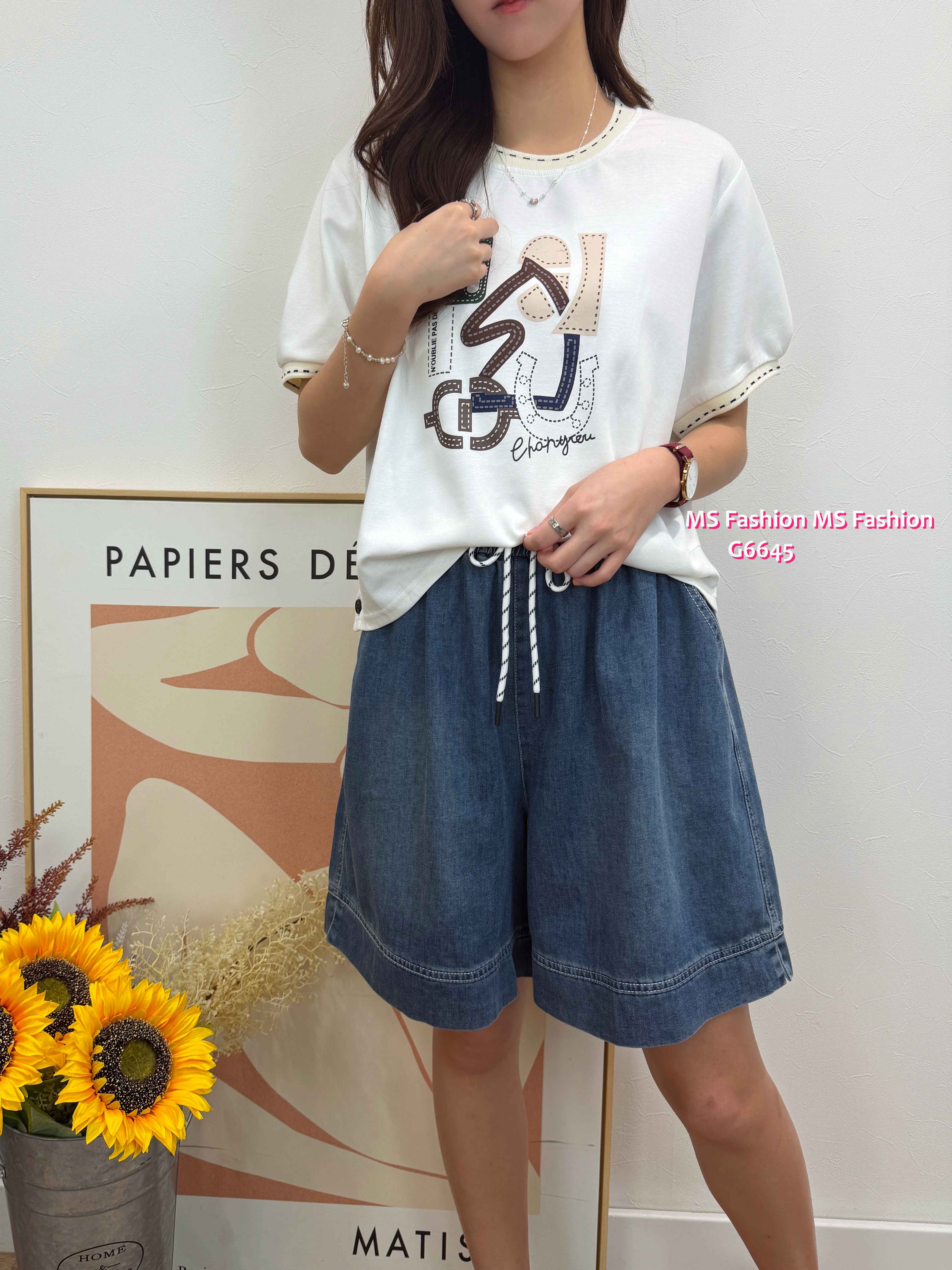 G6645 靚print拼邊top