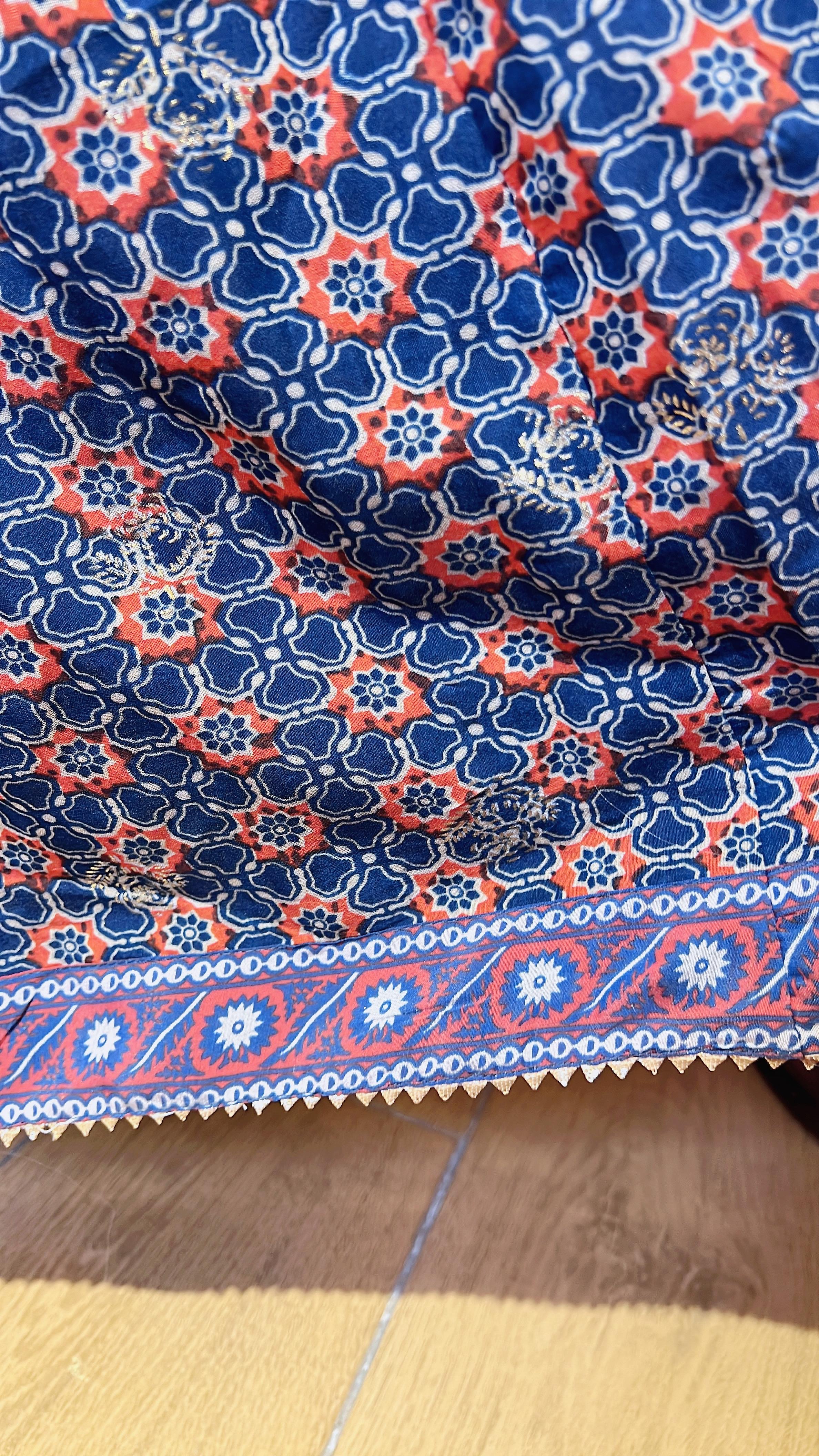 Navy Blue Floral Set of 2 (V-neck Top+Skirt37") #005