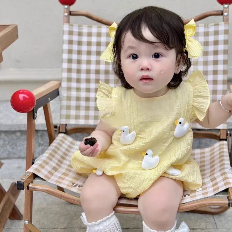 561241Y | Duckling Delight: Baby Girl's Yellow Ruffle Romper with Adorable Duck Appliqués