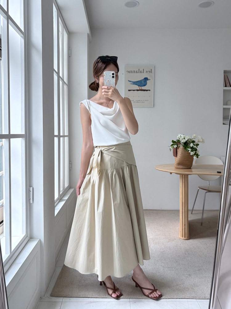 Wrap-Waist Flare Skirt (Beige)