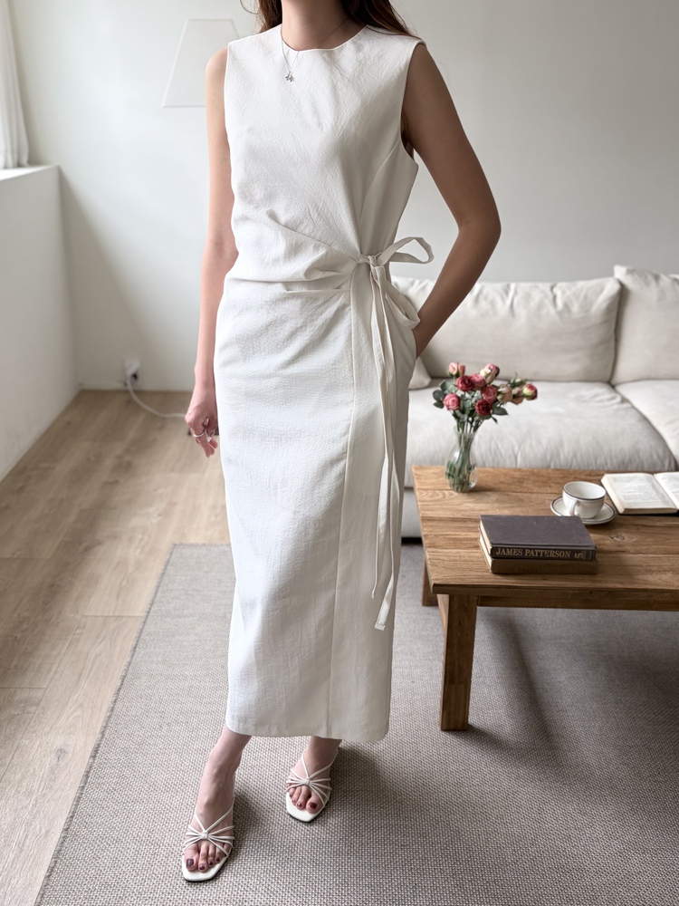 Gathered Waist Tie Dress (Ivory)