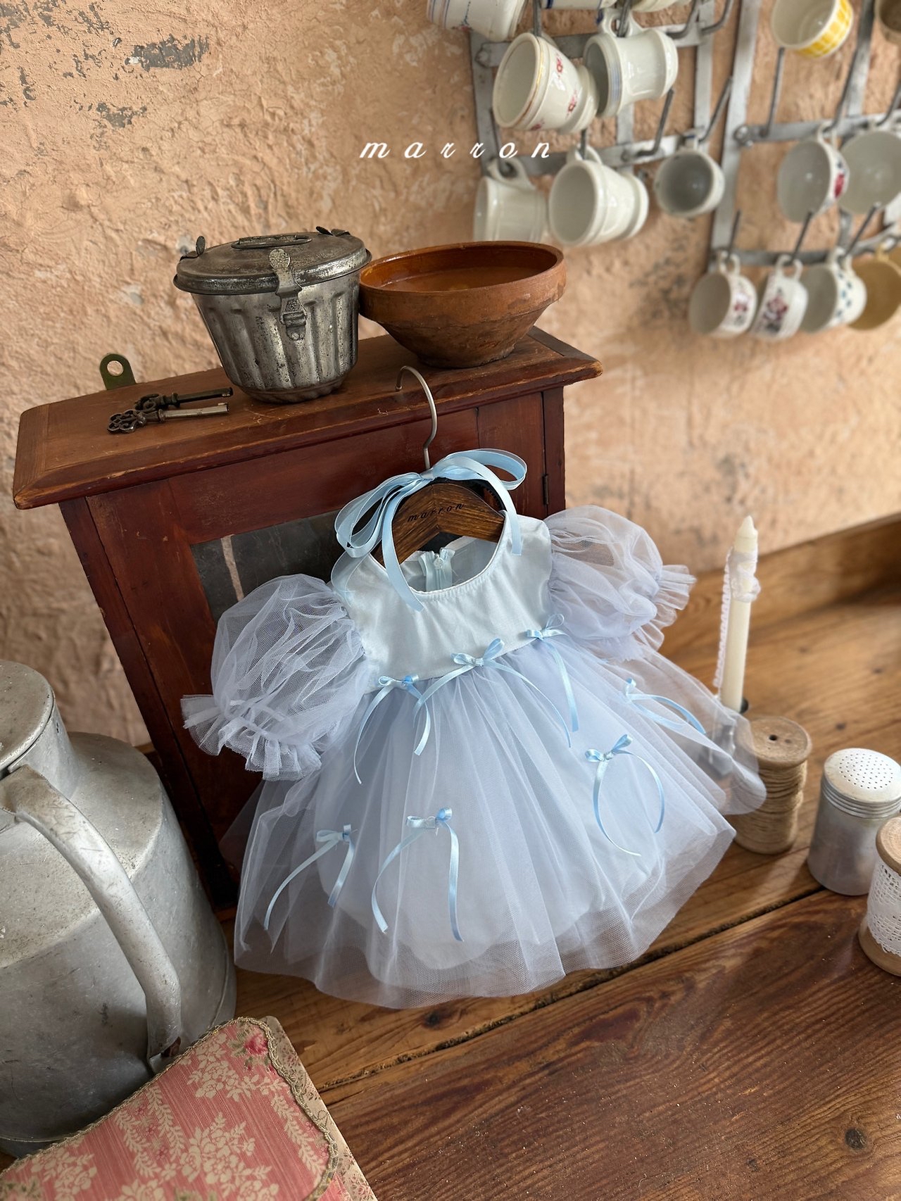 ☀️預訂 韓國直送☀️🇰🇷Marron兩色絲帶薄紗泡泡袖包屁裙