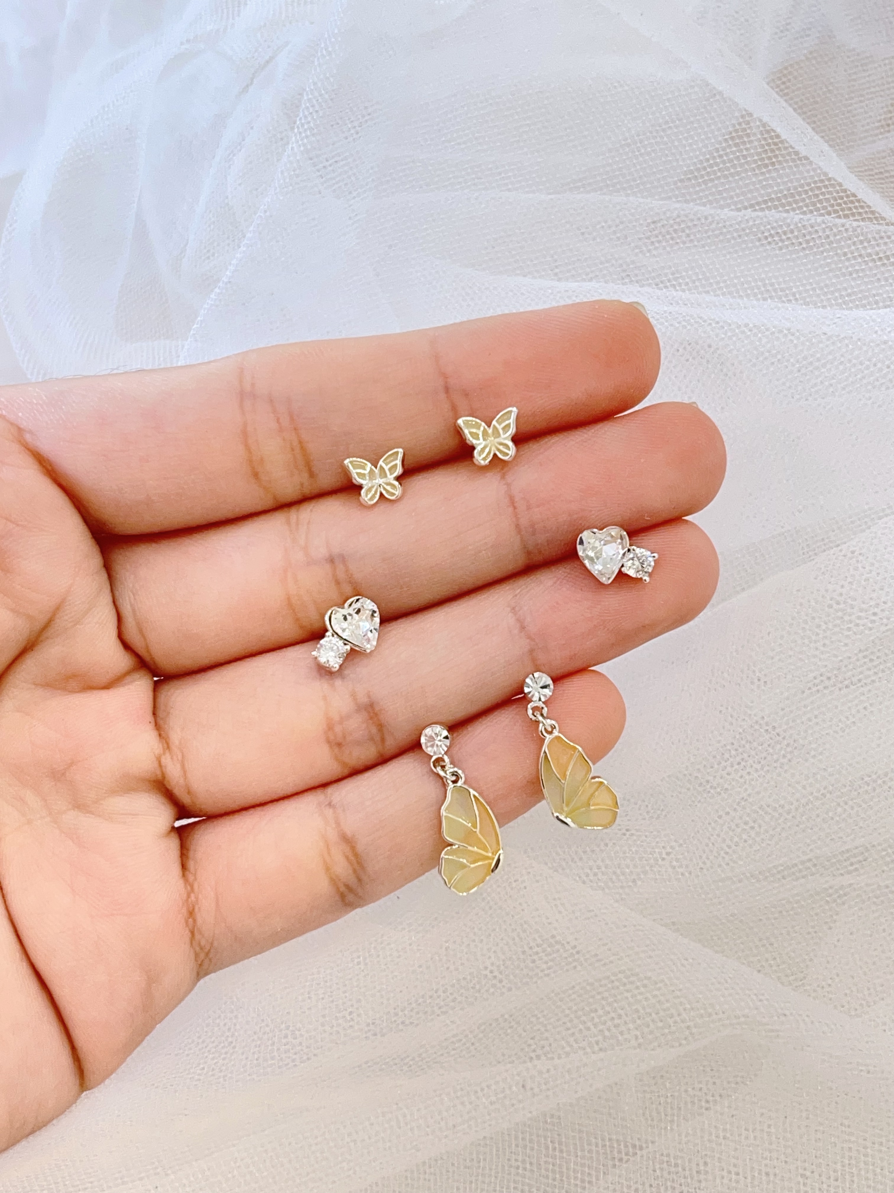 渐变蝴蝶爱心锆耳环套装