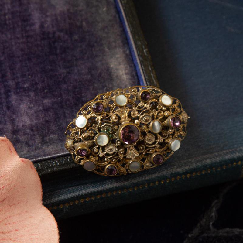 Antique Czechoslovakia Mother of Pearl Effects Amethyst Rhinestone Brooch (MN230)