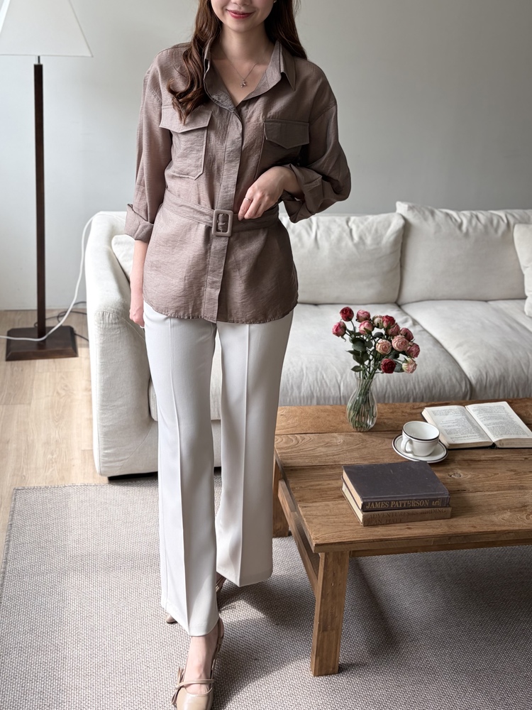 Feminine Belted Pocket Blouse (Brown)