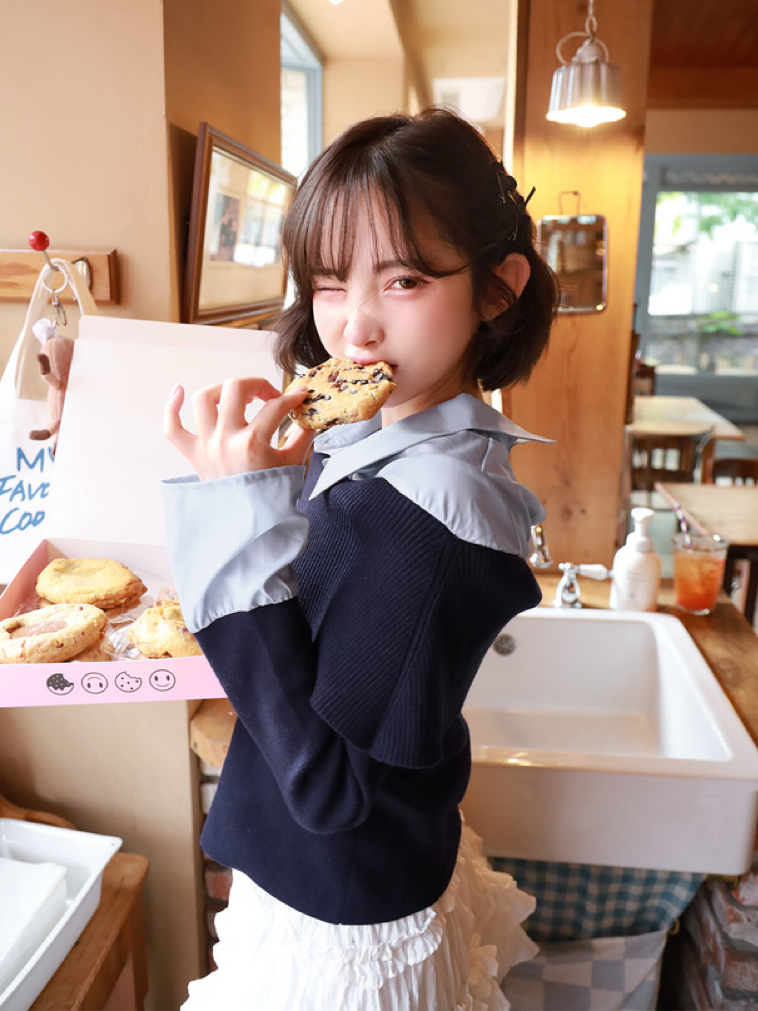 假兩件針織拼色恤衫(JP)[藏青色]309508