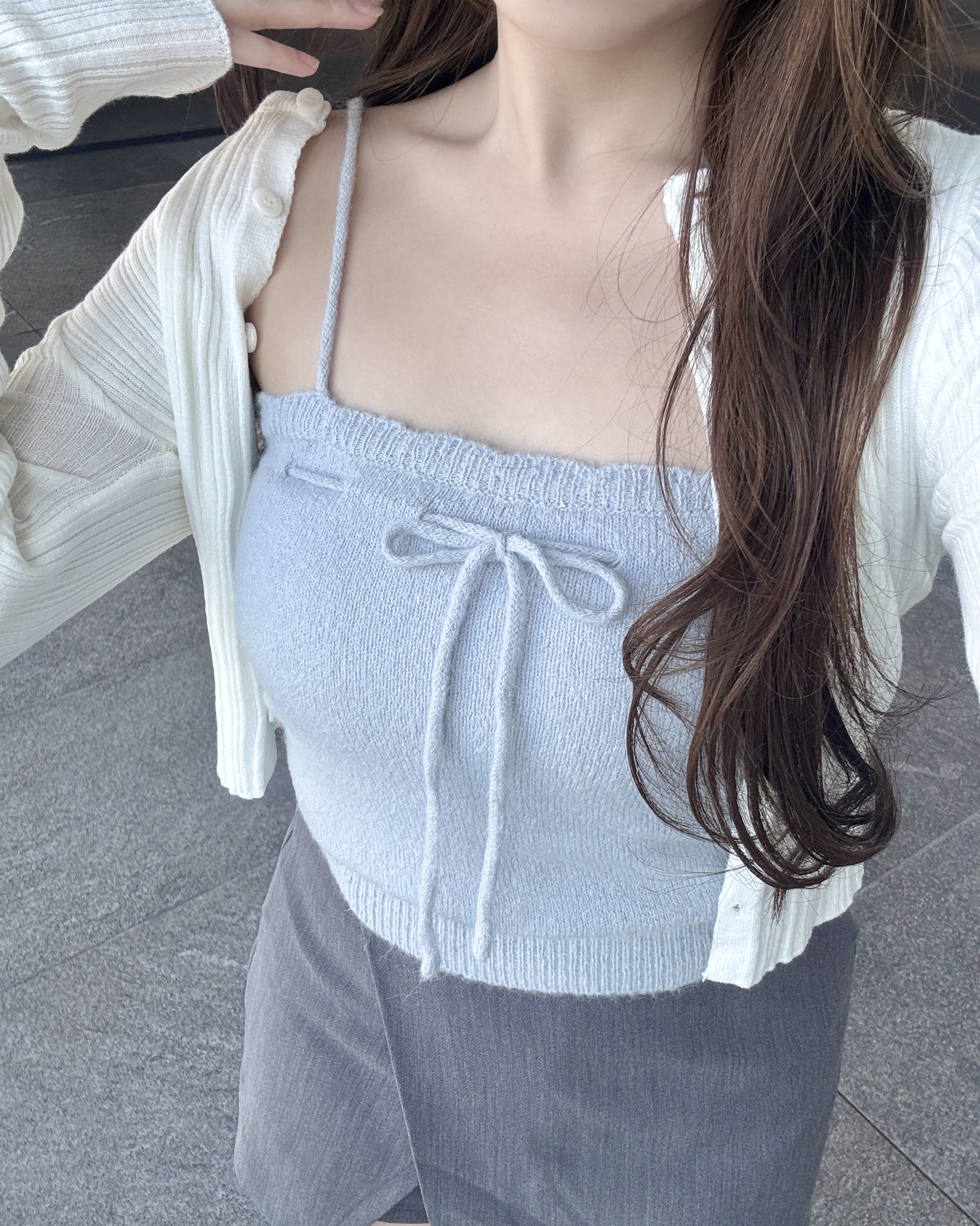 【 ⍤層次感恩物！Mohair泡泡感花邊🫧蝴蝶結吊帶背心🩵】 Bang Bang Ribbon Tank Top(三色入)