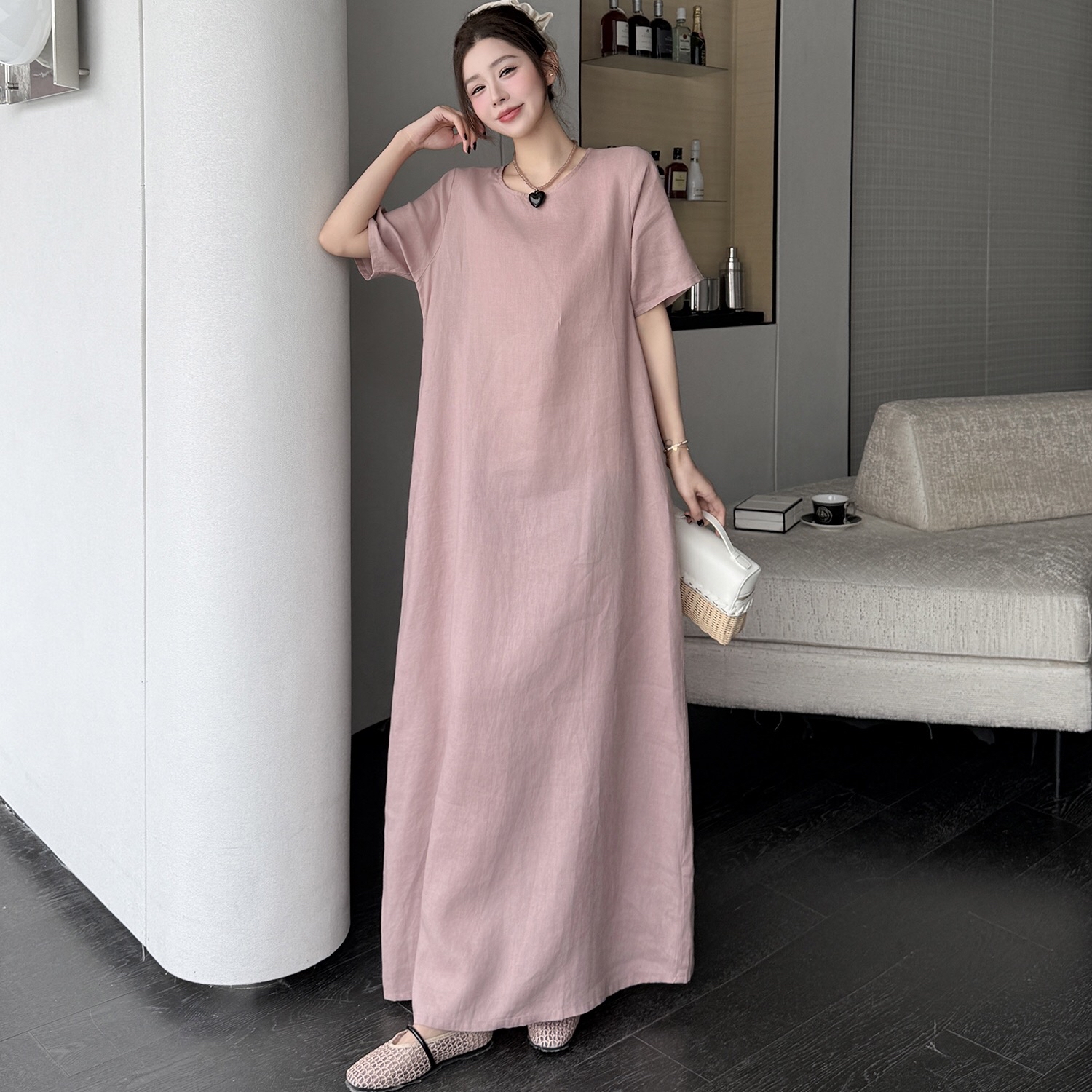B239(61141) 韩系休闲风麻料圆领纯色藕粉连身裙
