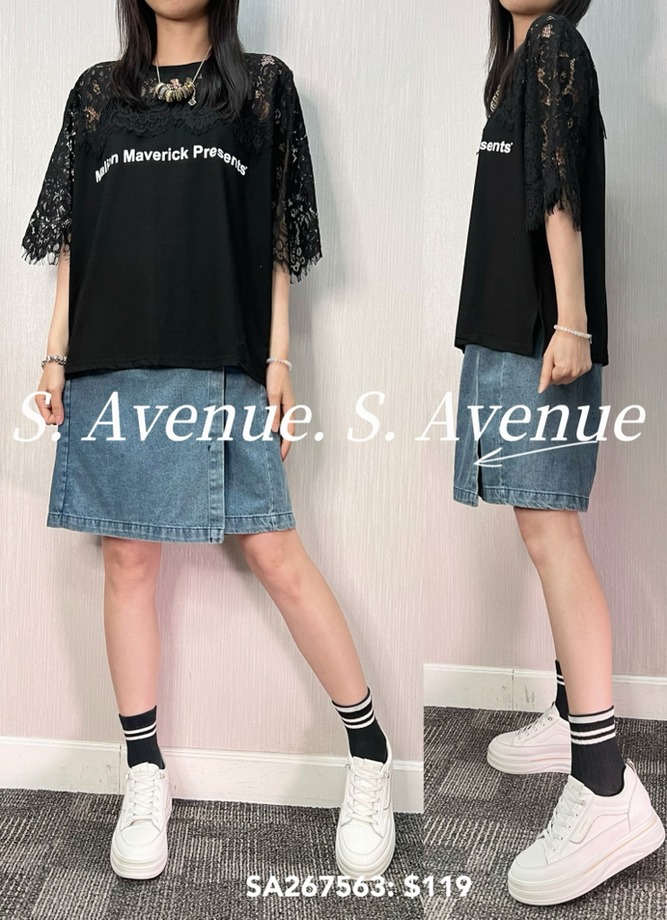 SA267563: 短袖lace袖拼英文字tee