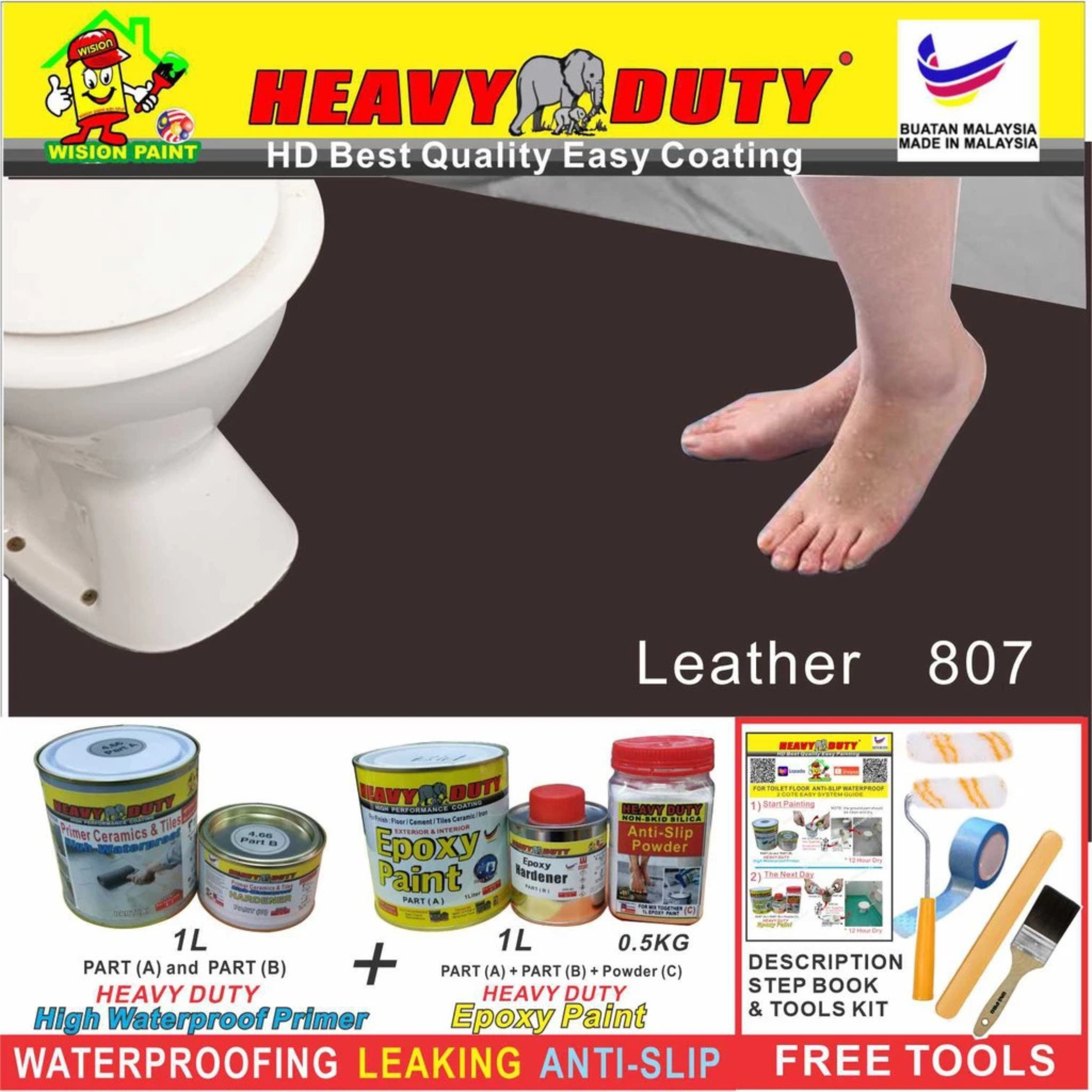 FULL SET (HEAVY DUTY BRAND) Floor Coating (Free Paint Tool Set) 1L Tile Primer + 1L Epoxy Colour + 0.5kg Non-skid Silic