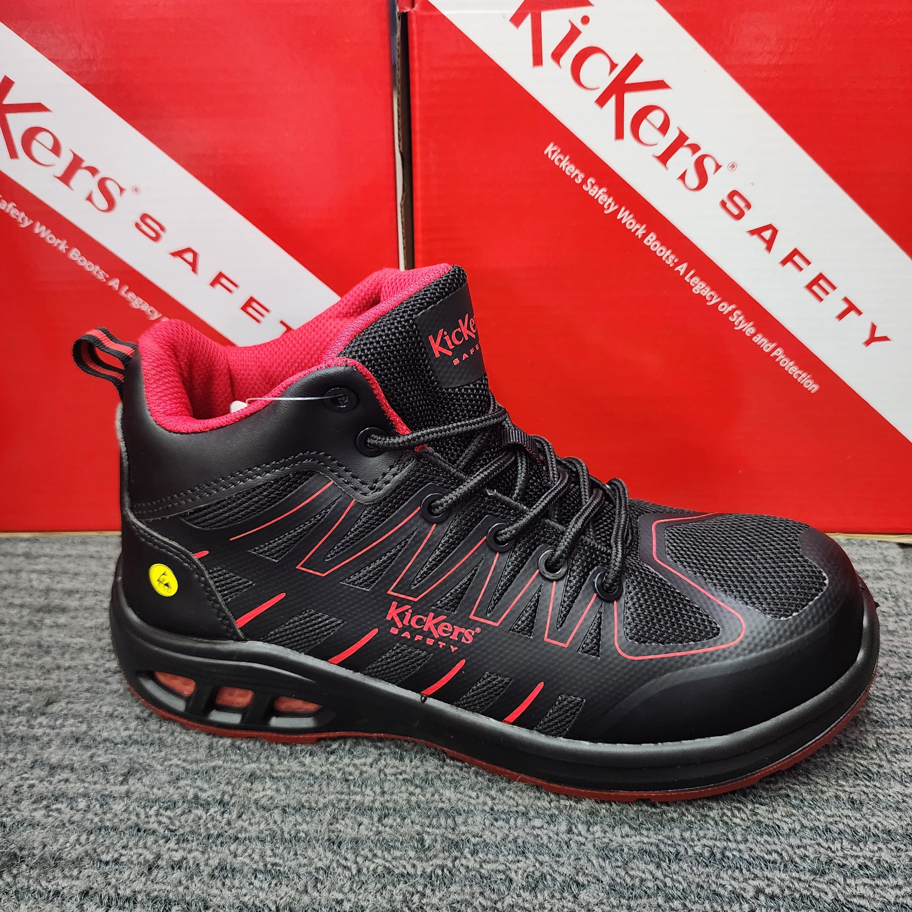 KicKers 2512 Safety Mid Cut Lace ESD Black Red Grey Safety Shoes Kasut Keselamatan