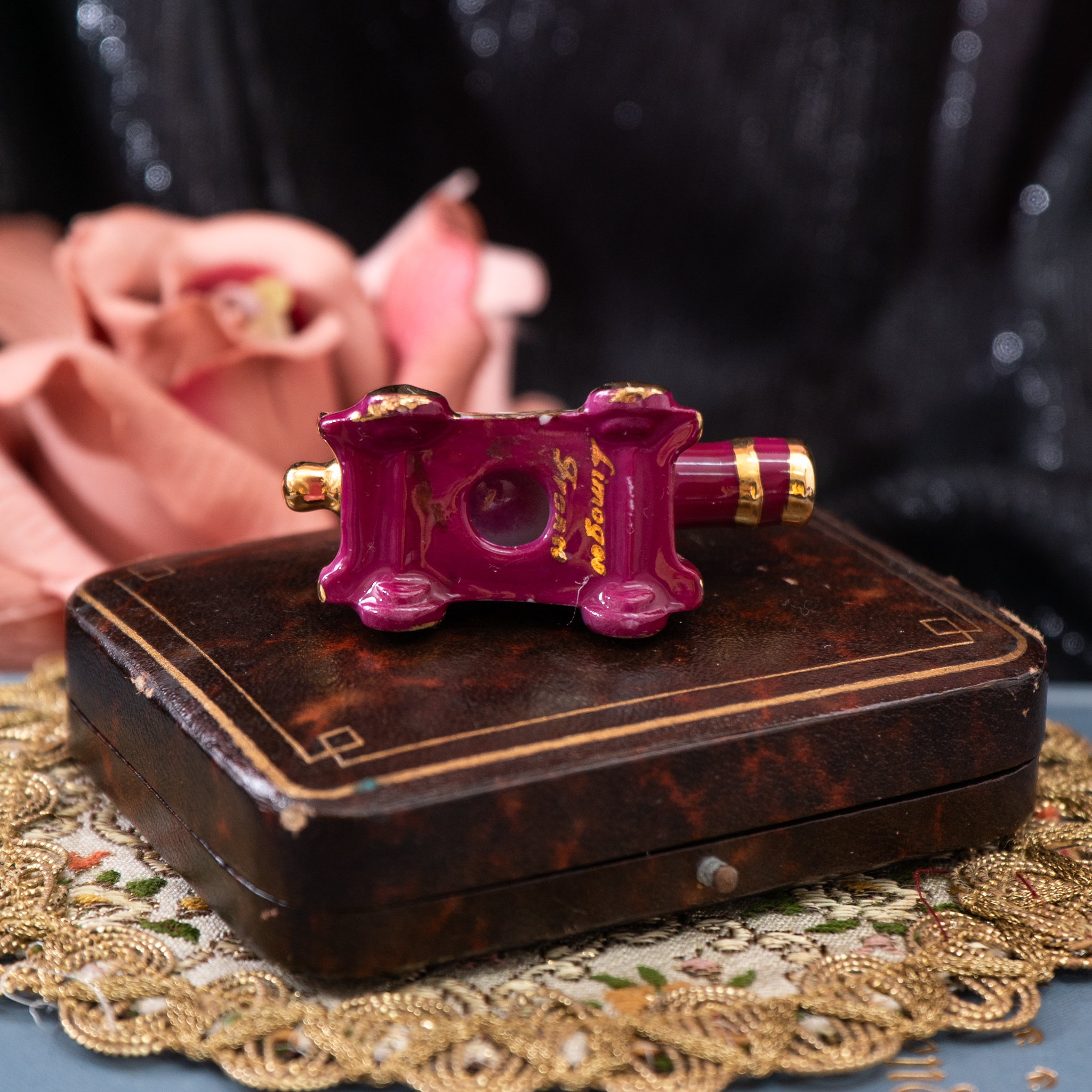 Vintage Mid-Century French Limoges Cranberry Red Porcelain Romantic Courting couple Miniature - Clock/ Cannon/ Shoe (MT1985)