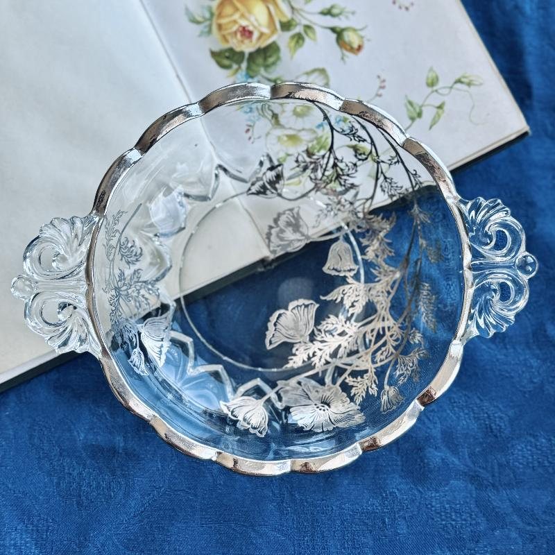 Vintage C.a. 1960s Silver Overlay Floral Pattern Glass Bowl with Scrollwork Handles (MT2013)