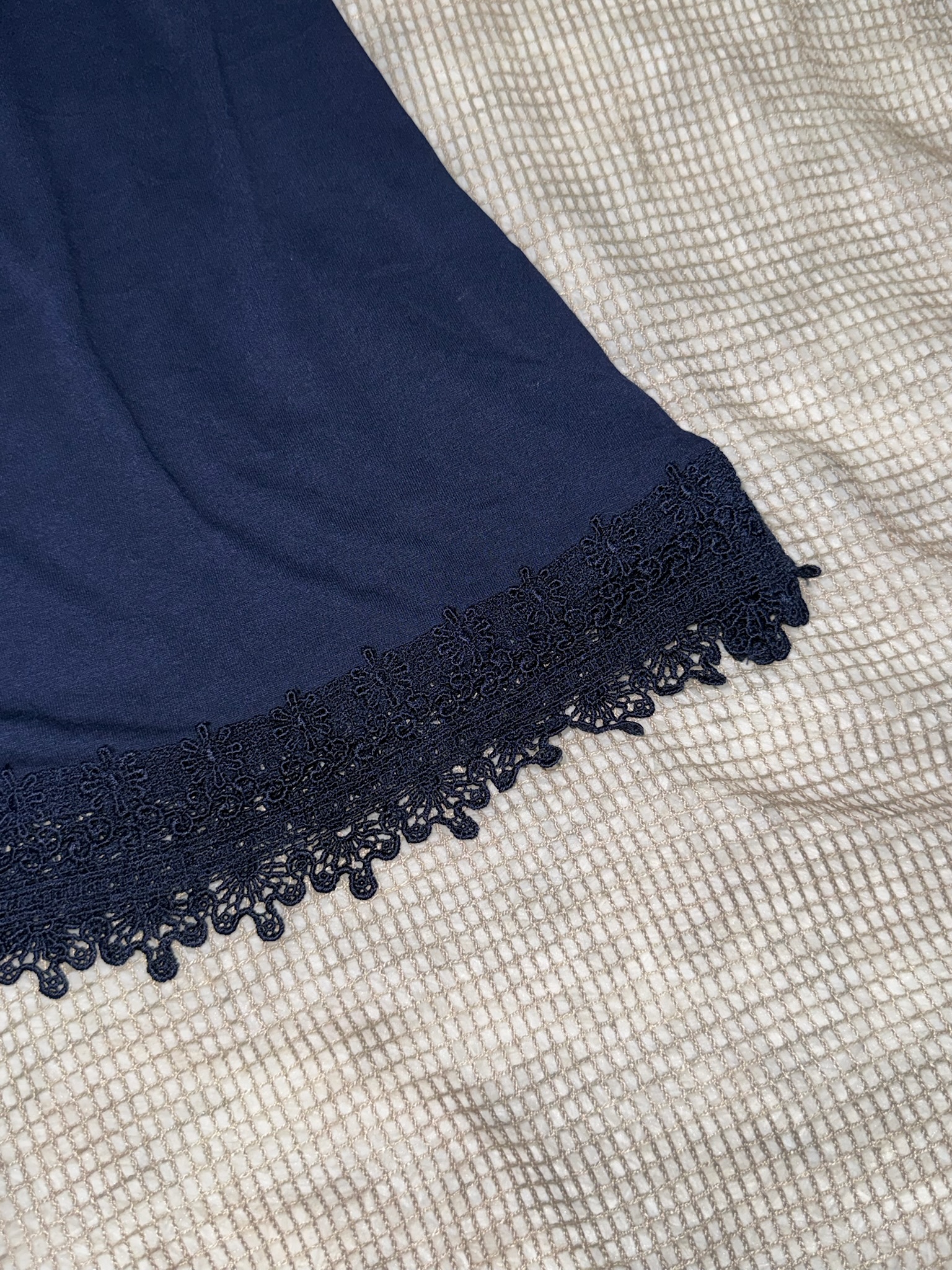 Axes Femme Romantic Navy Knit Top with 3D Rosette & Lace Neckline