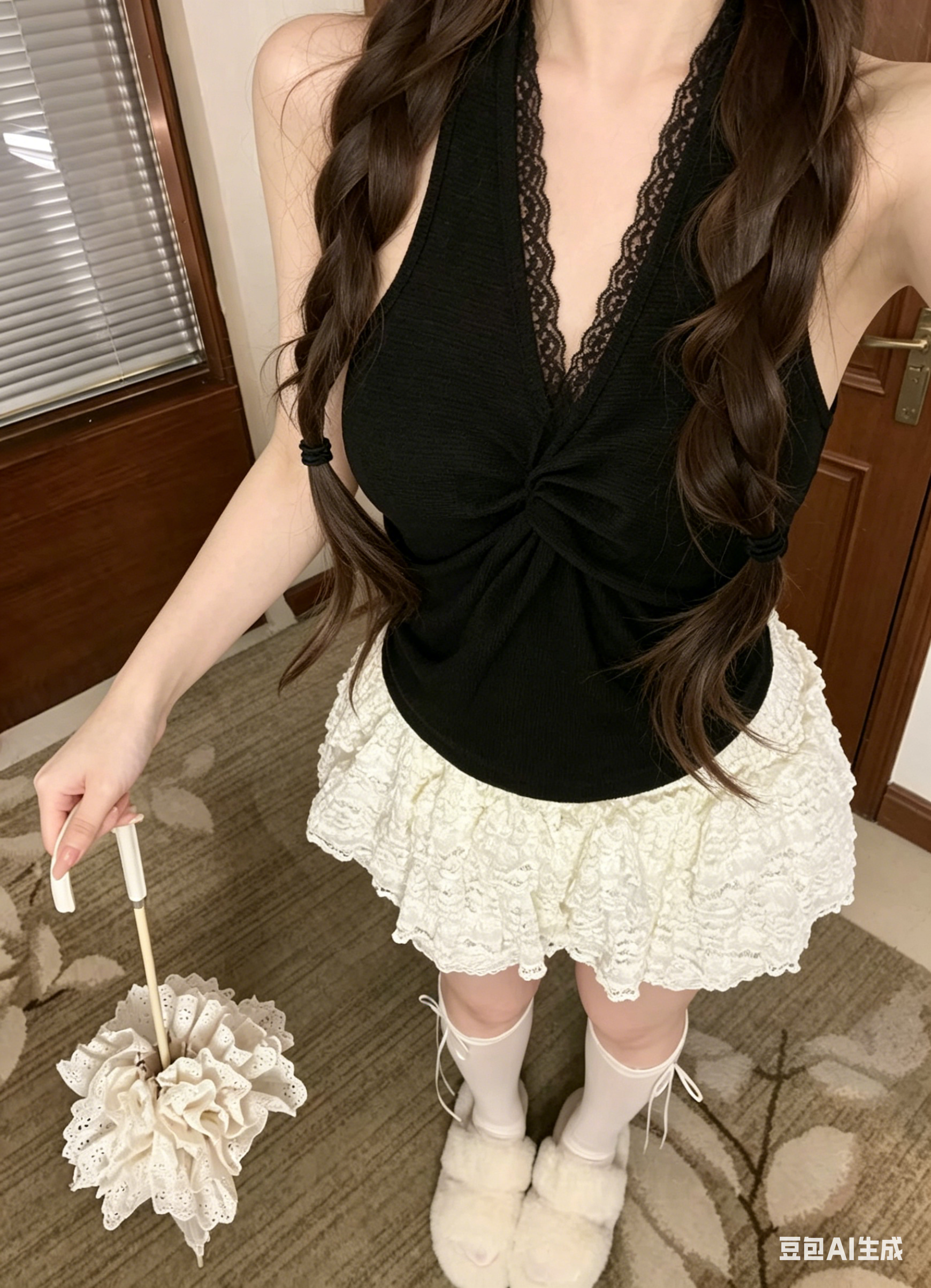 4604“French Lace Halter Top”法式蕾丝扭结挂脖