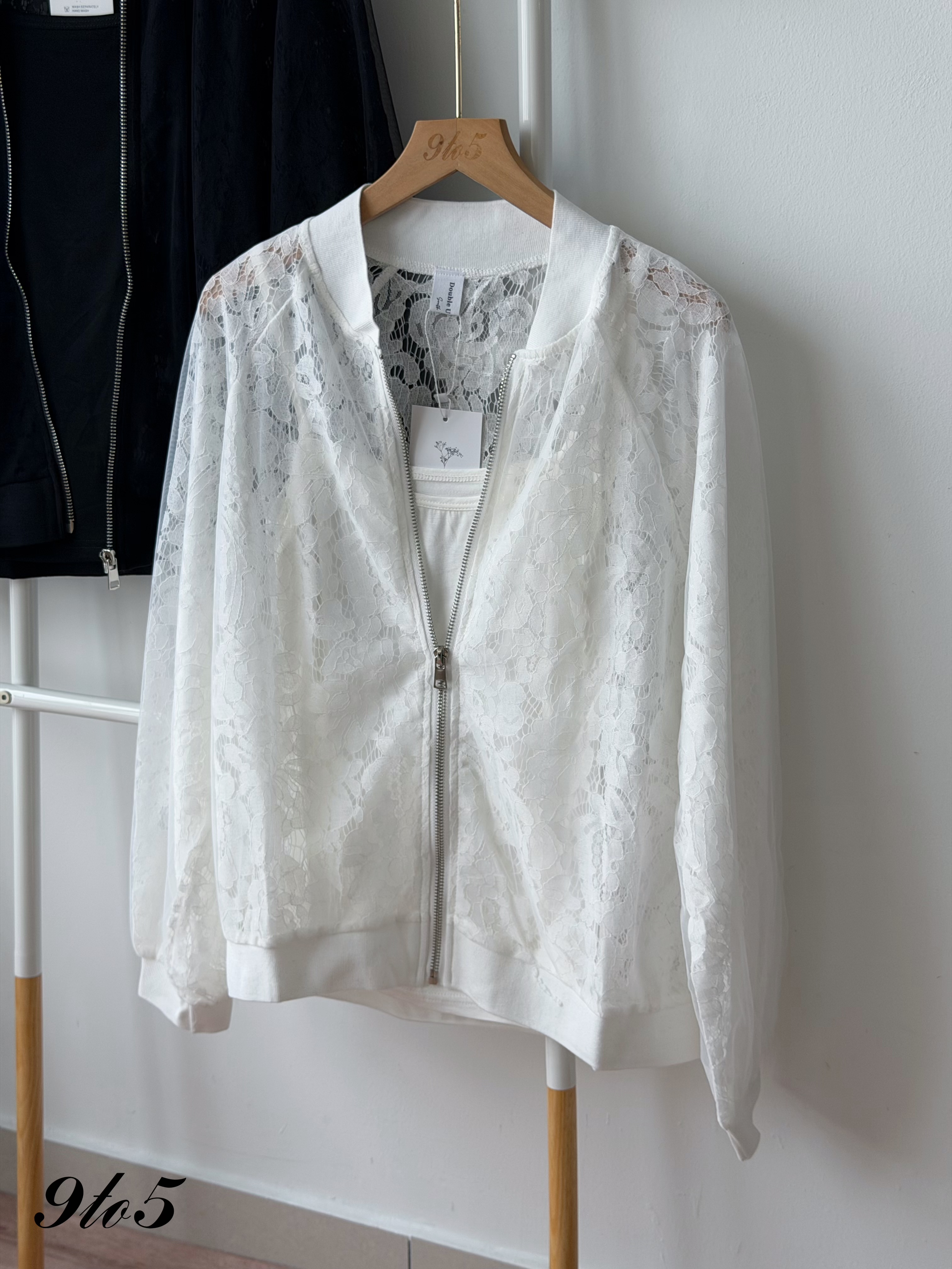 T4495 Long Sleeve Lace Bomber Jacket - Black & White