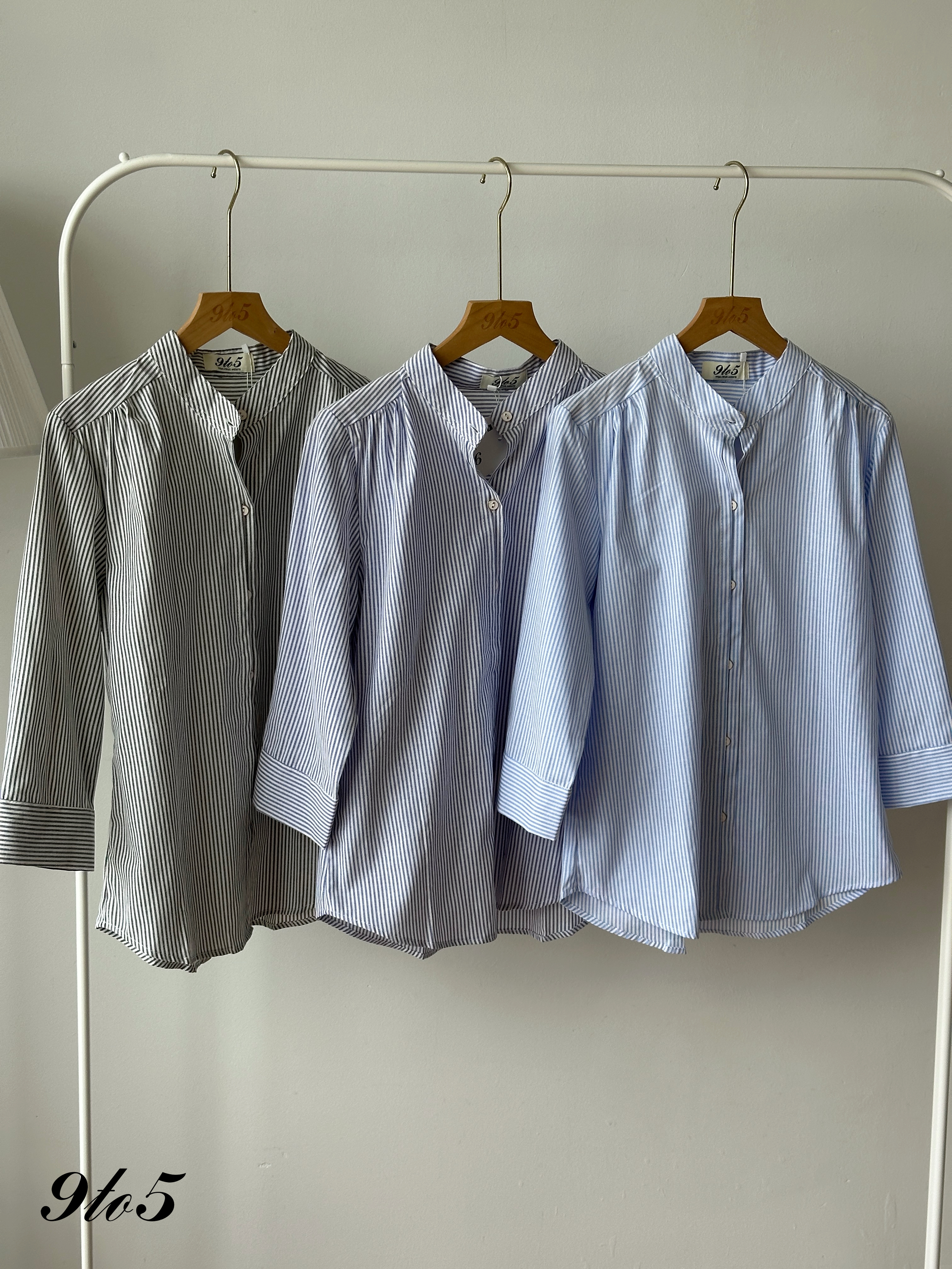 T4420 Stand Collar Half Sleeve Stripe Shirt - 3 Colors 