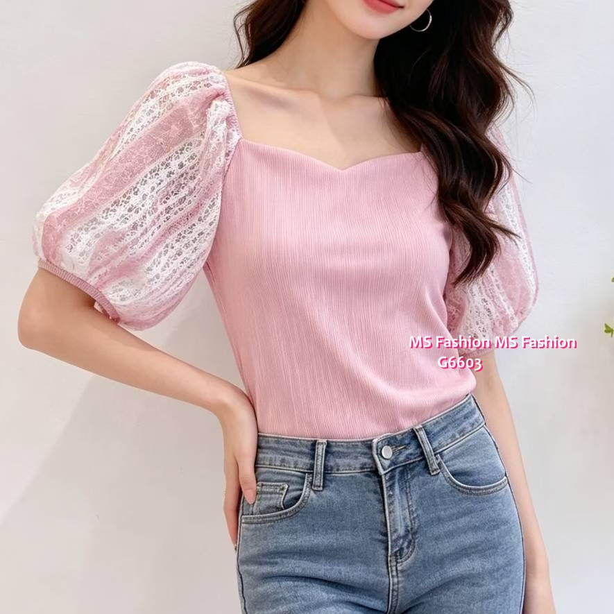 G6603 特色領通花泡泡袖top