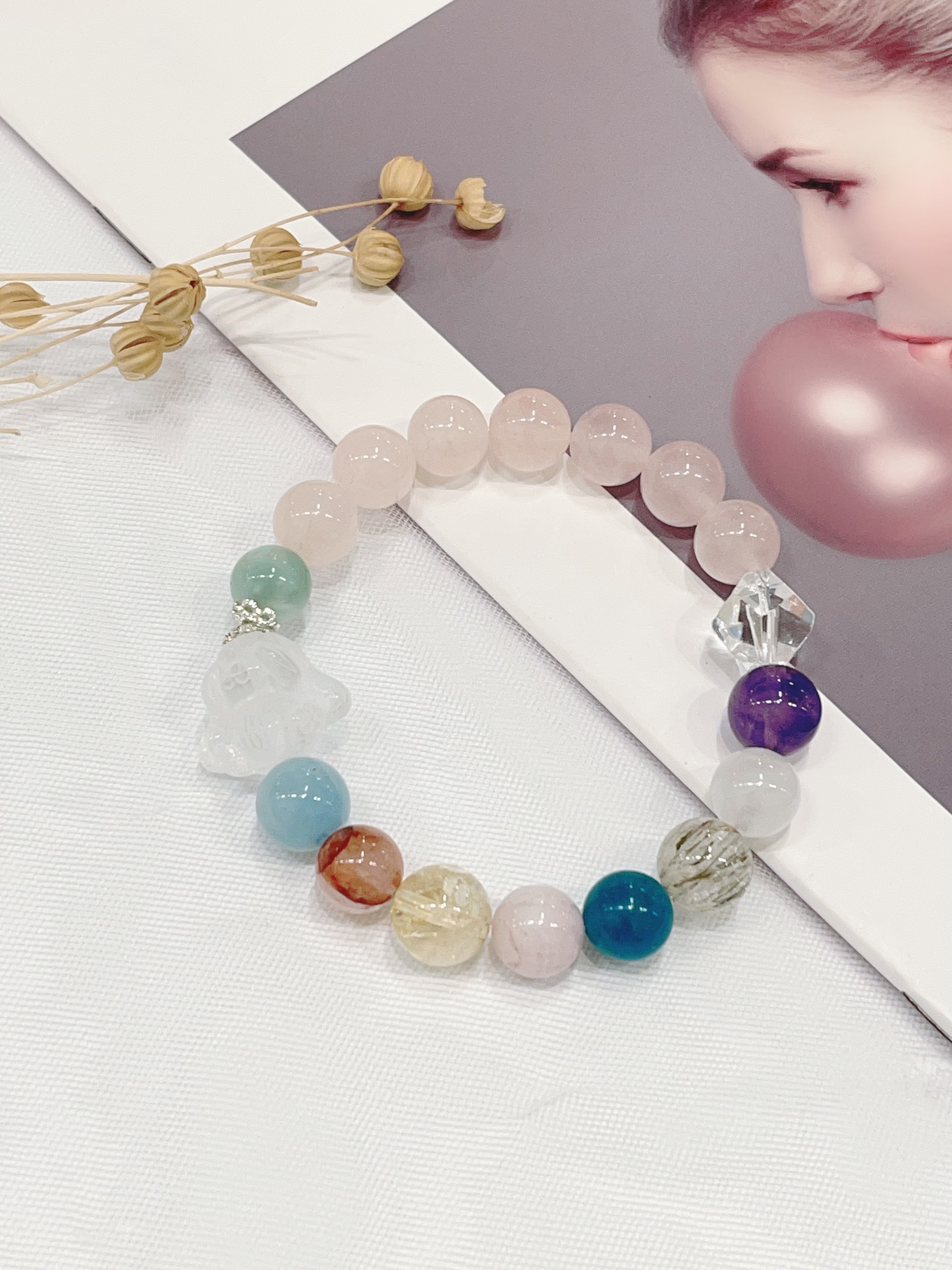 🐰 遮眼大耳兔 × 粉水晶 × 多宝水晶手串  Clear Quartz Bunny & Rose Quartz & Mixed Crystals｜10mm