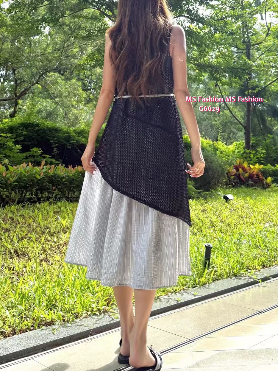 G6629 通花條子背心連身裙