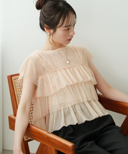 薄紗荷葉邊法式袖上衣【JT037】