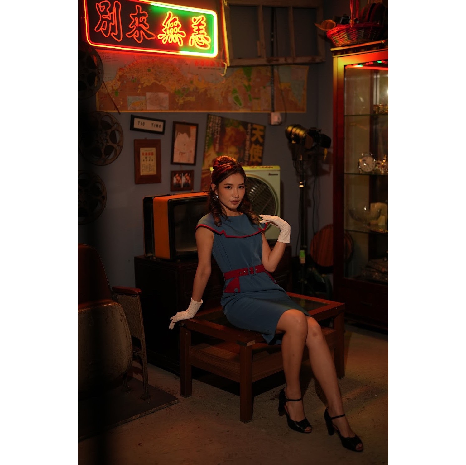 (Last S)1950s Summer Splendour Two Tone Cape Dress - Blue x Red (FM191)
