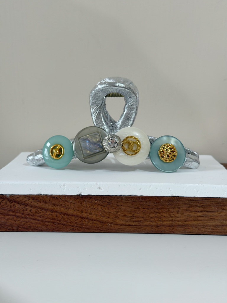 復古鈕扣髮夾/銀色系 11cm長