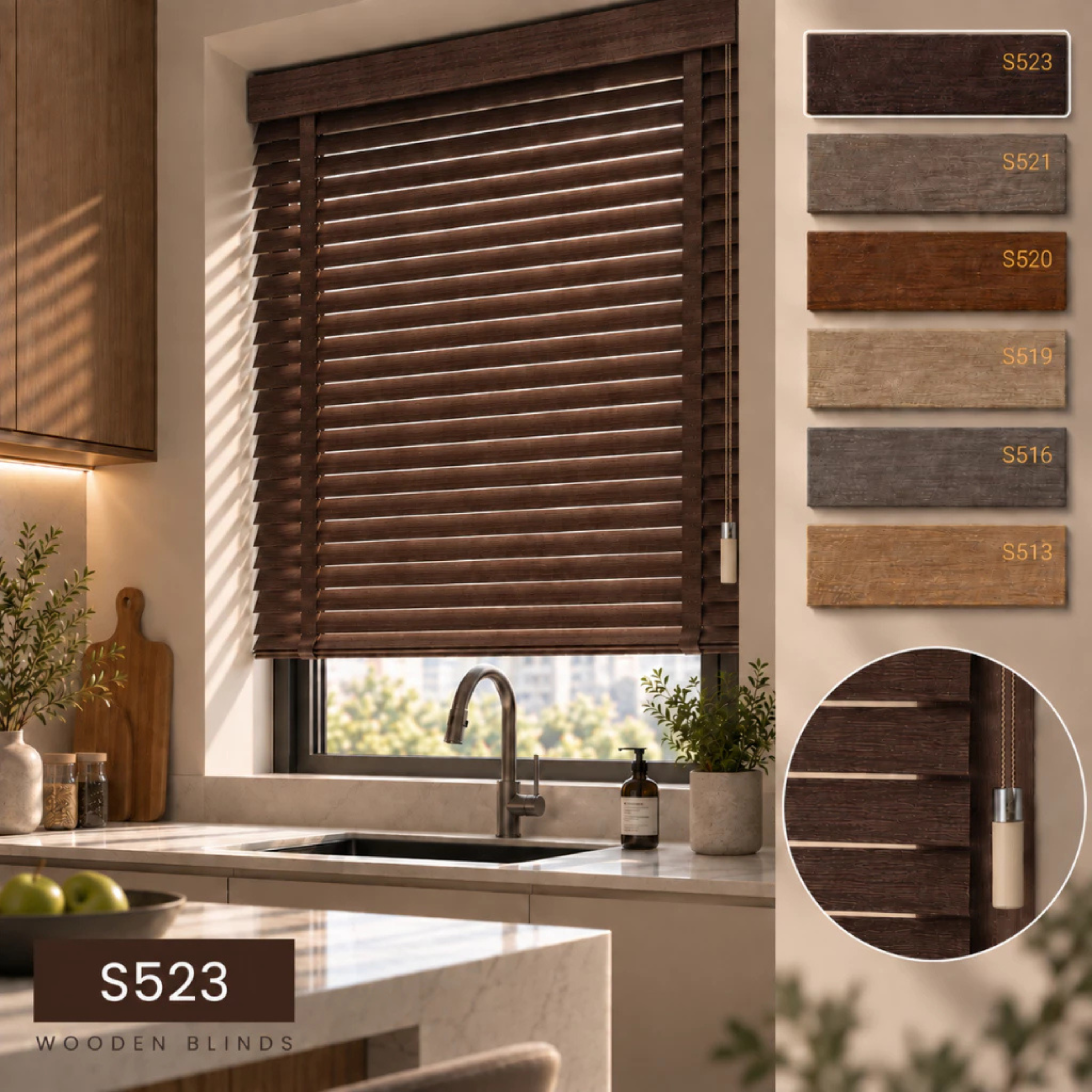 100% Kayu Asli | Bidai Kayu | 50mm Premium Timber Blinds Malaysia | Natural Wood Blinds | Custom Made Window Blinds