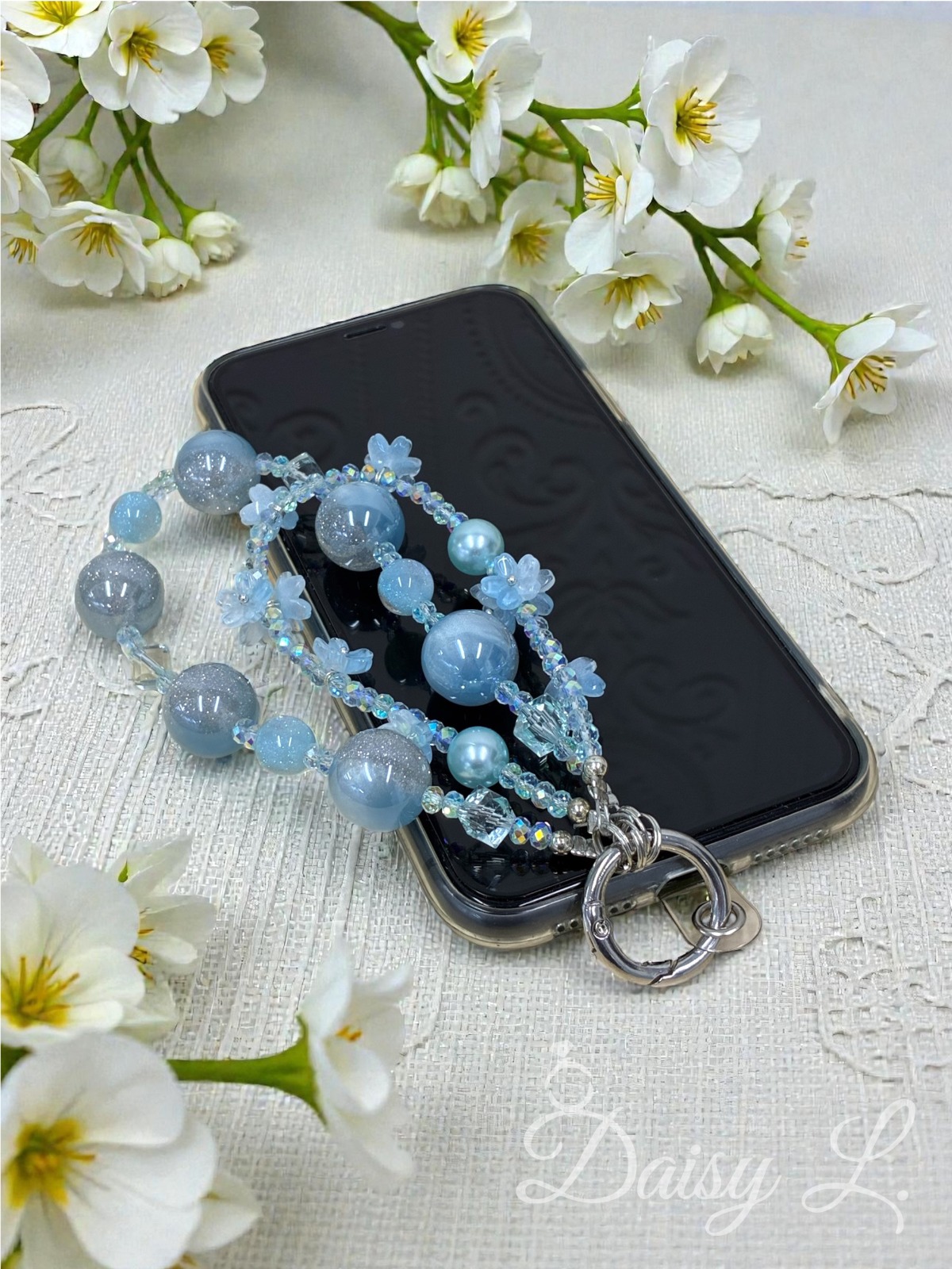 清新藍色水晶雙層手機掛繩