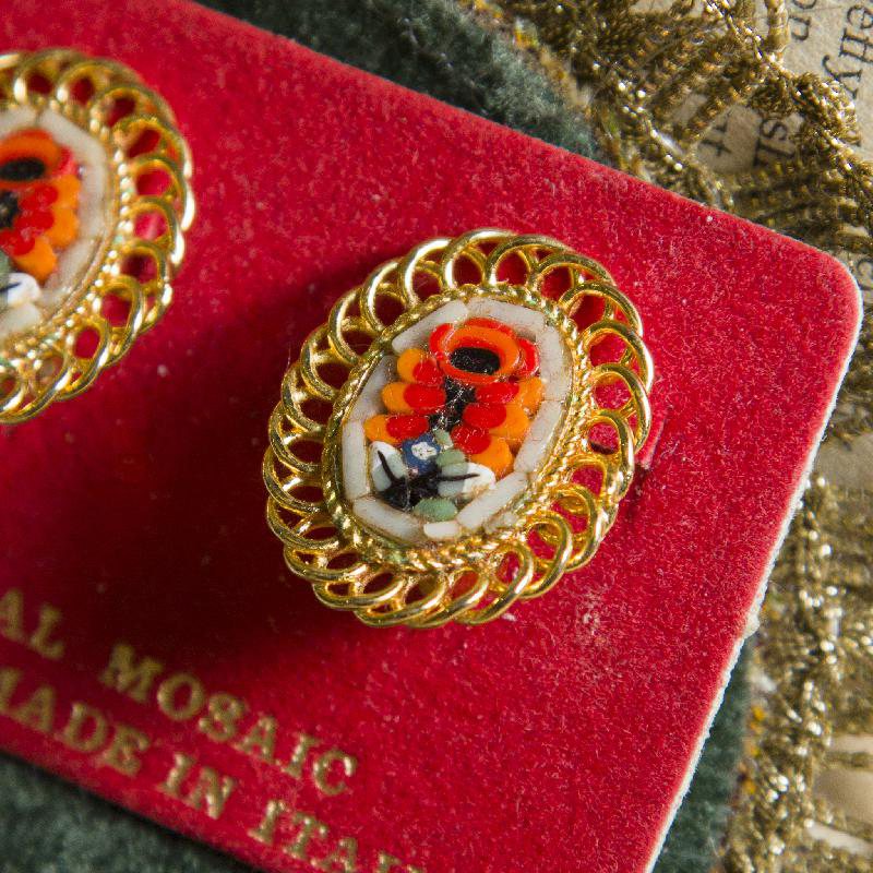 Vintage Italian Mosaic New Old Stock in Golden Frame Clip Earrings on Original Card - Beige and Red Floral(HD219)
