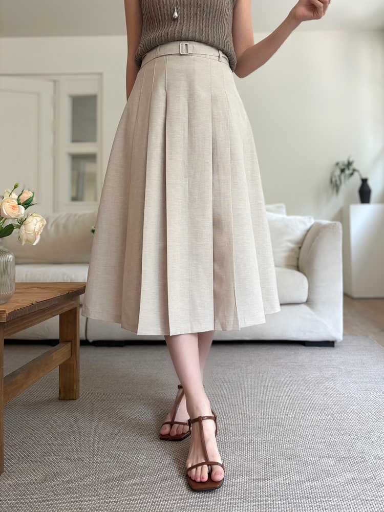 Linen Blend Pleated Skirt (Oat)
