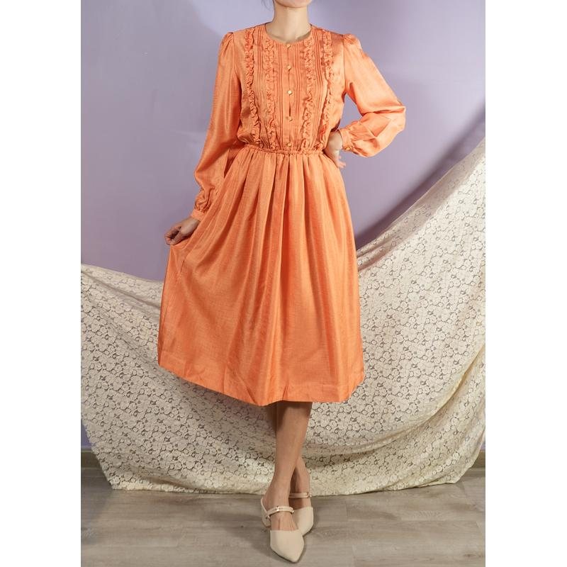 Vintage Japanese Gio Ruffle Front Orange Long Sleeved Dress(MT1608-107)
