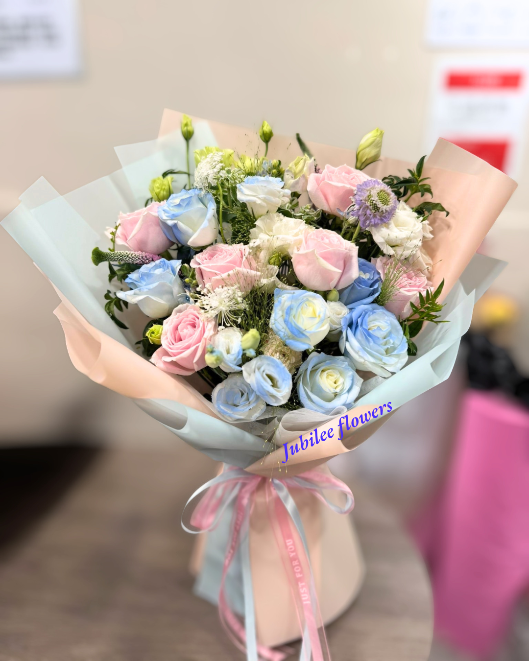 碎冰藍 · 粉玫瑰花束