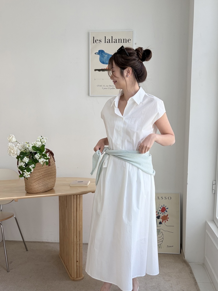Elasticated Waist Shirt Dress (White)