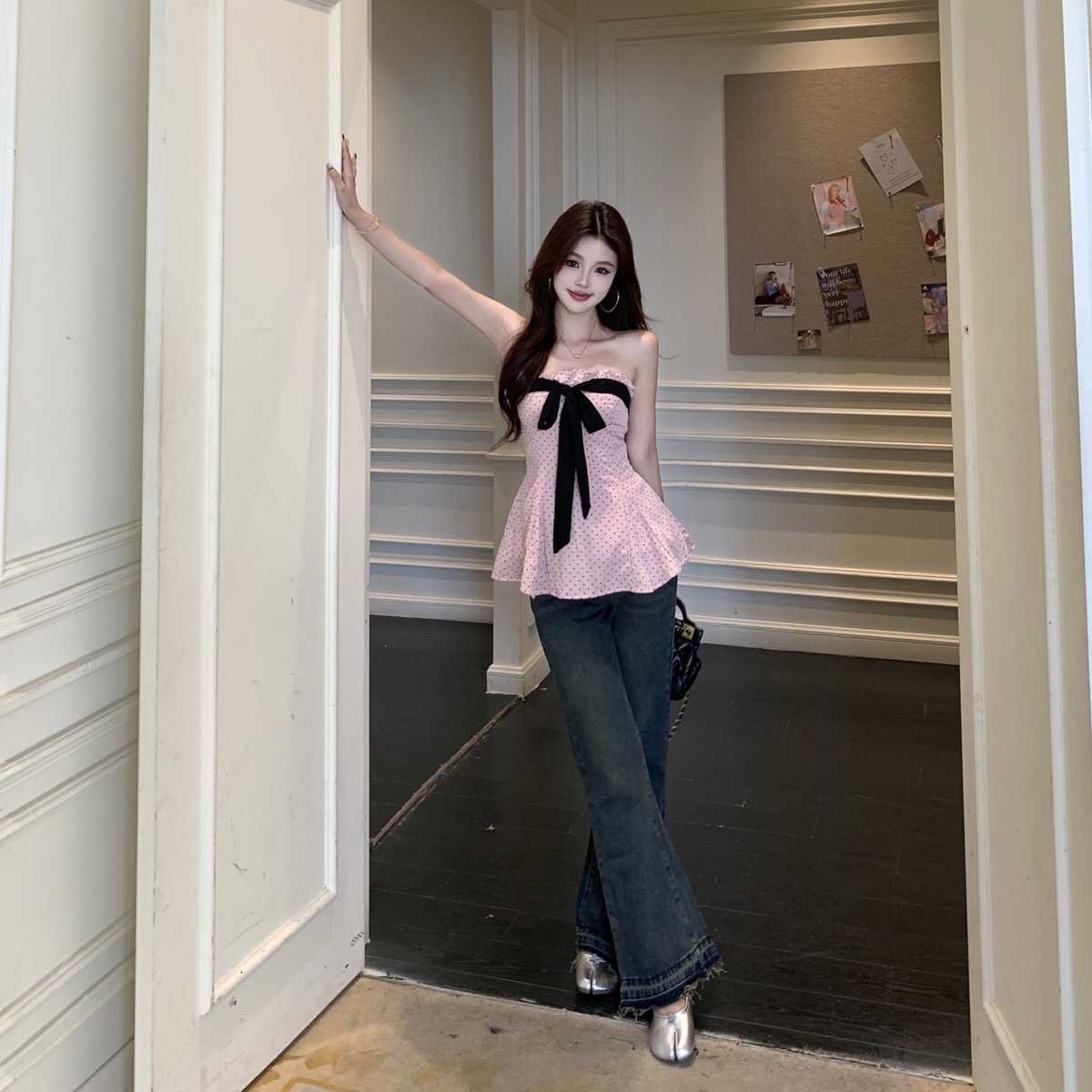 B175(8938) 美式复古波点蝴蝶结边领荷叶下摆粉抹胸上衣与黑开衫两件套上衣 