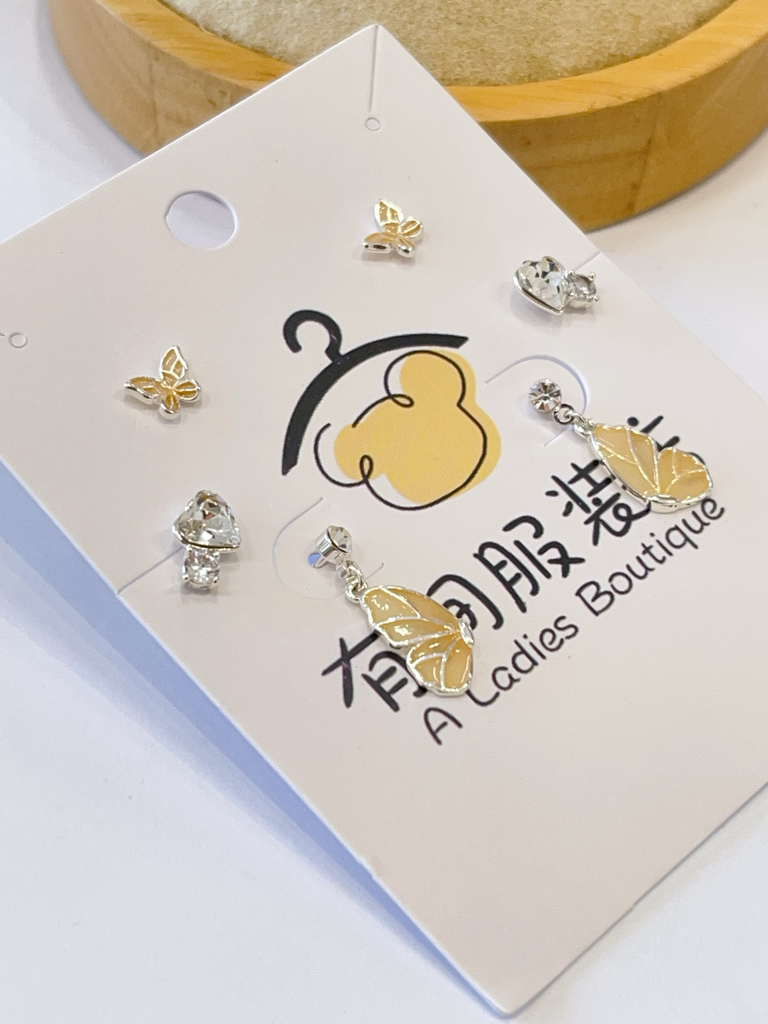 渐变蝴蝶爱心锆耳环套装
