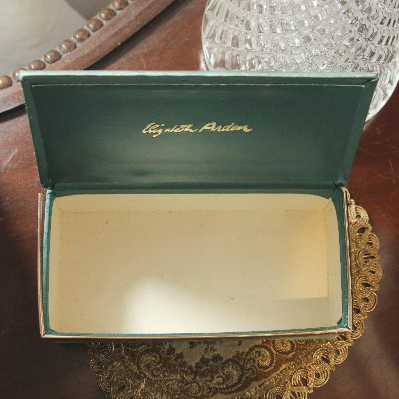 Elizabeth Arden Emerald Green Satin Box with Floral Porcelain from Germany(RU012)