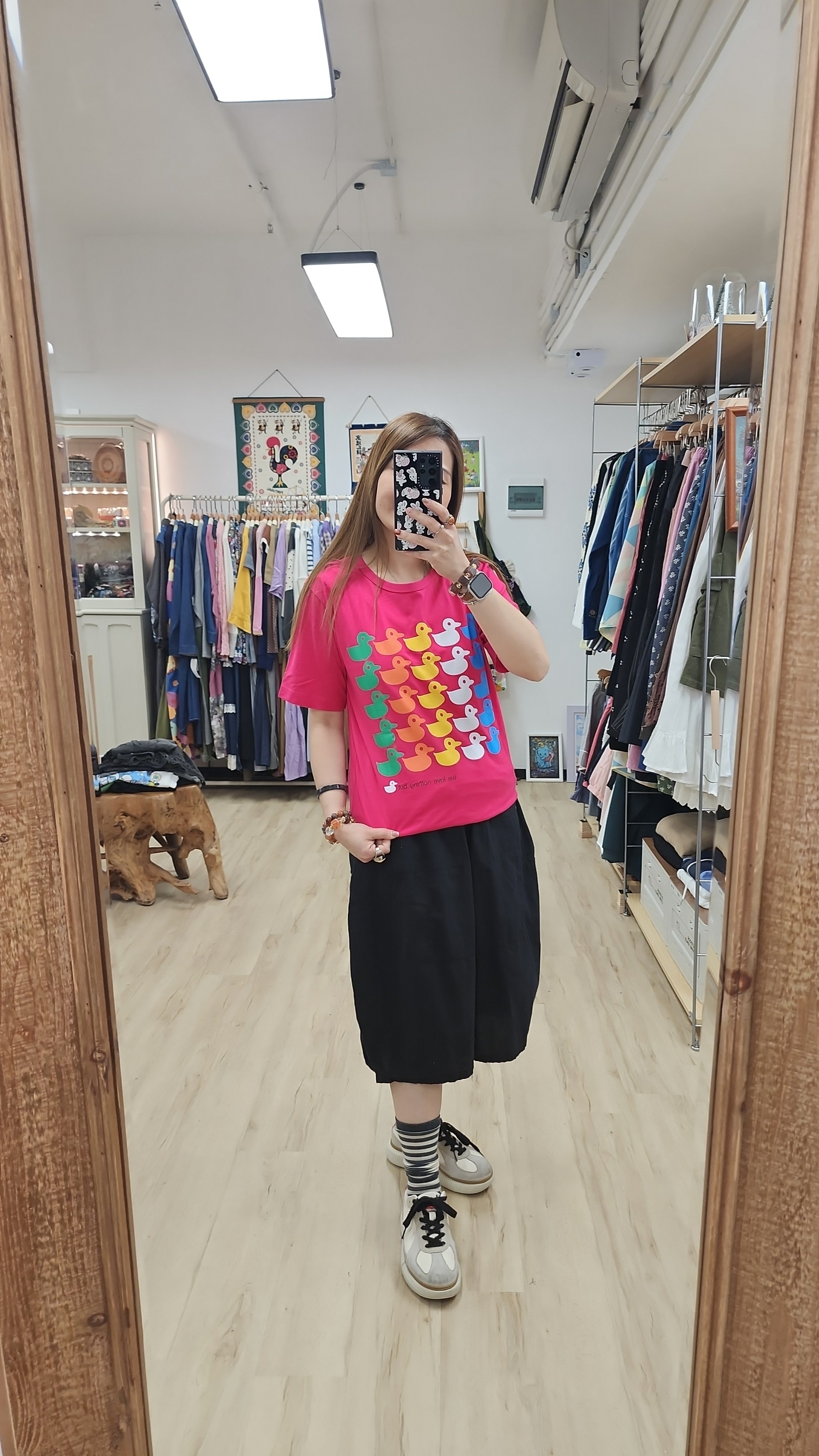 泰國粉紅彩鴨仔印圖棉Tee