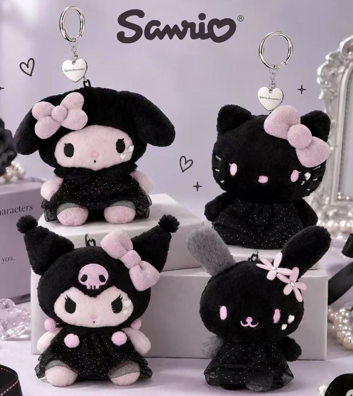 日本直送日本限定BLACK PINK系列，Hello Kitty Melody Kuromi Usahana 公仔掛飾