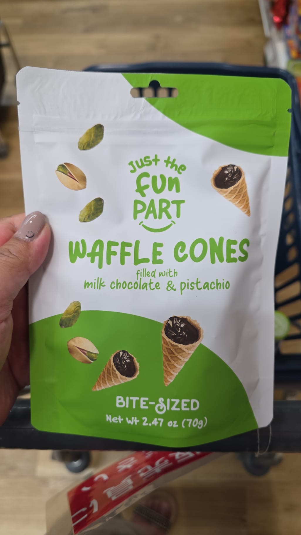 waffle cones filled with milk chocolate & pistachio