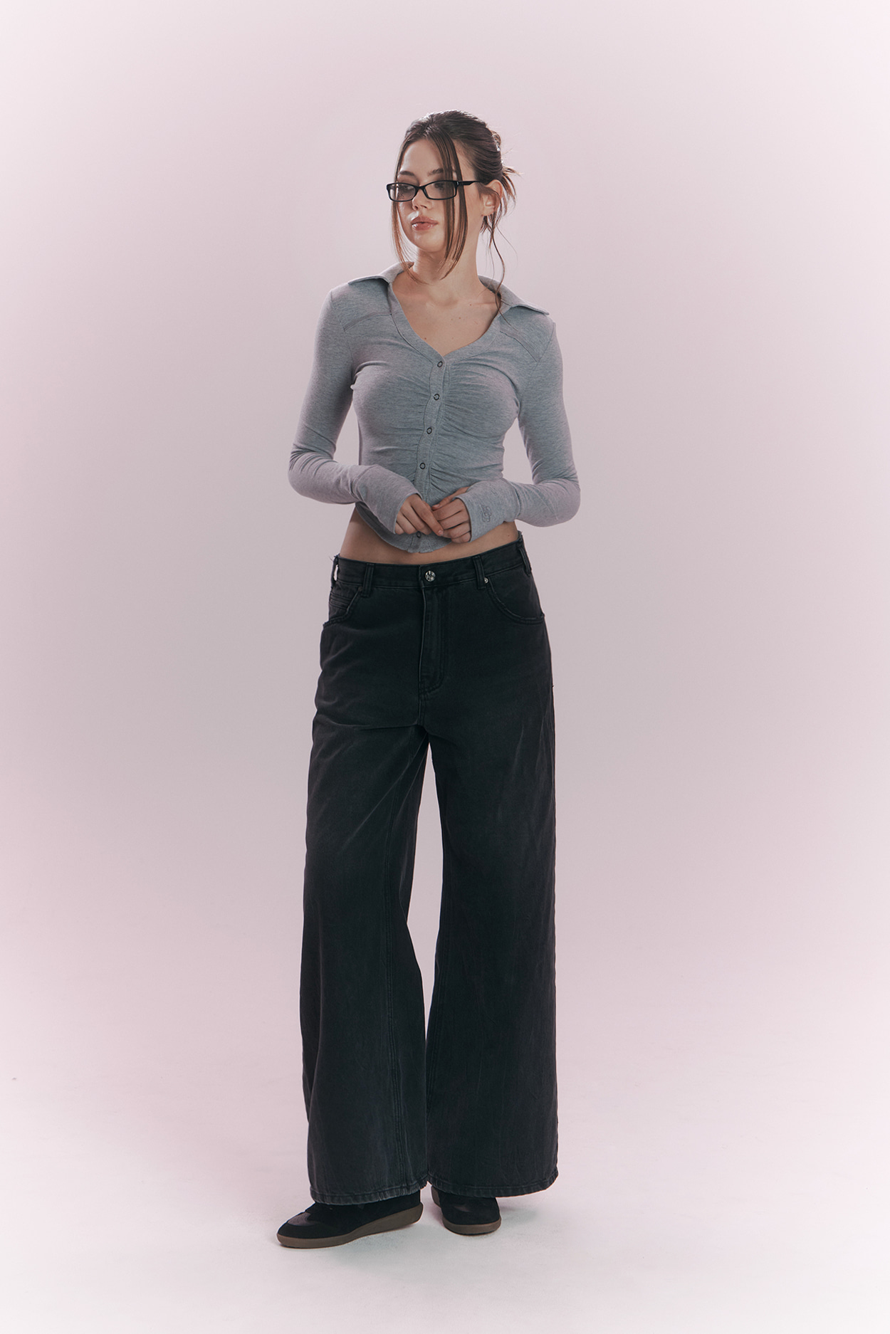 pleaseNOFOLLOW - Mamie Snap Button Slim Shirts (Melange Grey)